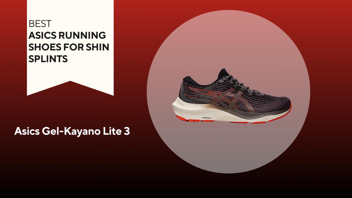 An image of a red and black Asics Gel-Kayano Lite 3 running shoe against a red background